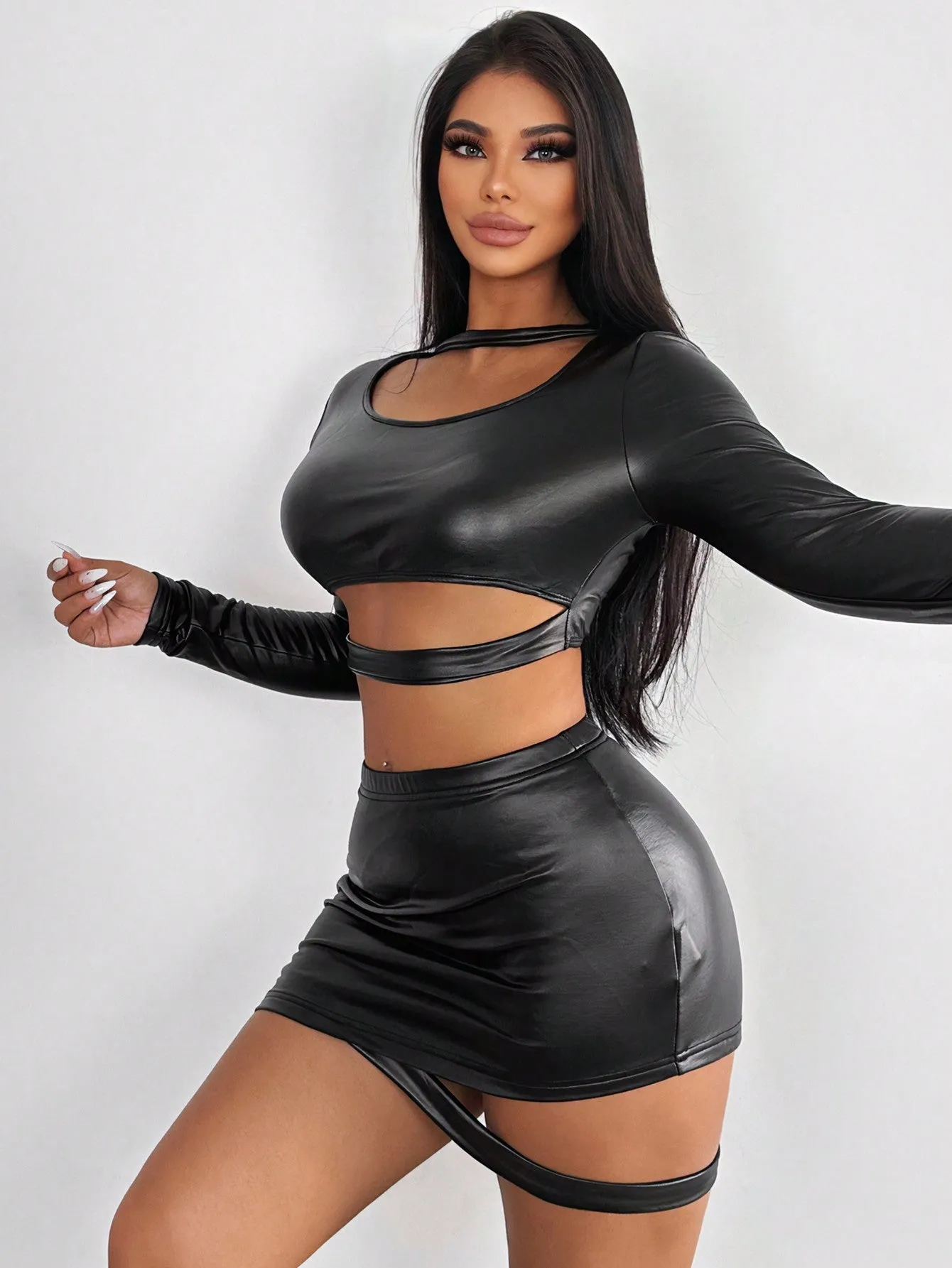 2024 New Fashion Sexy Slimming Black Leather Long-Sleeved Dress