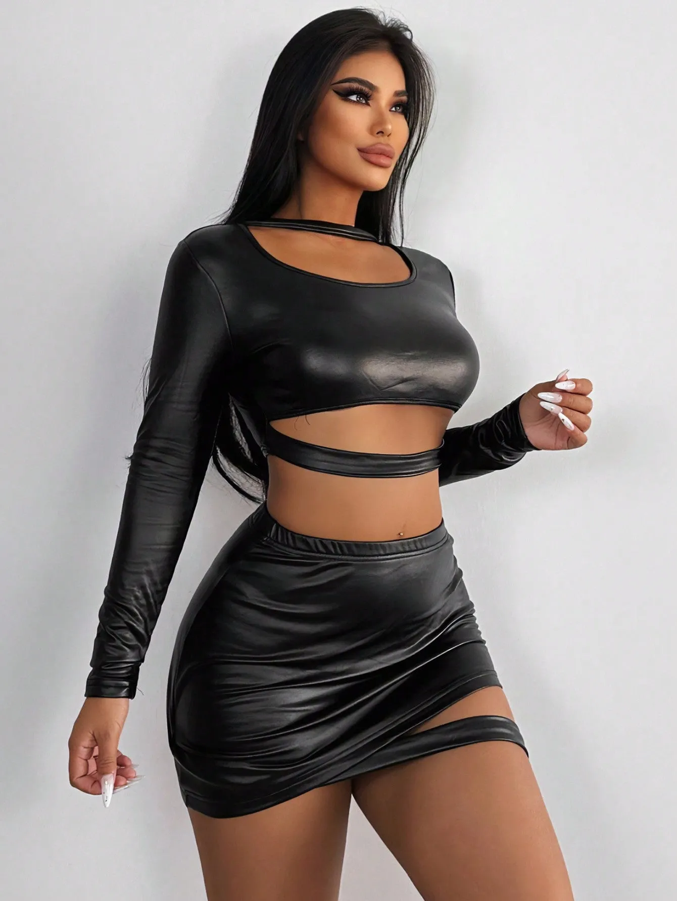 2024 New Fashion Sexy Slimming Black Leather Long-Sleeved Dress