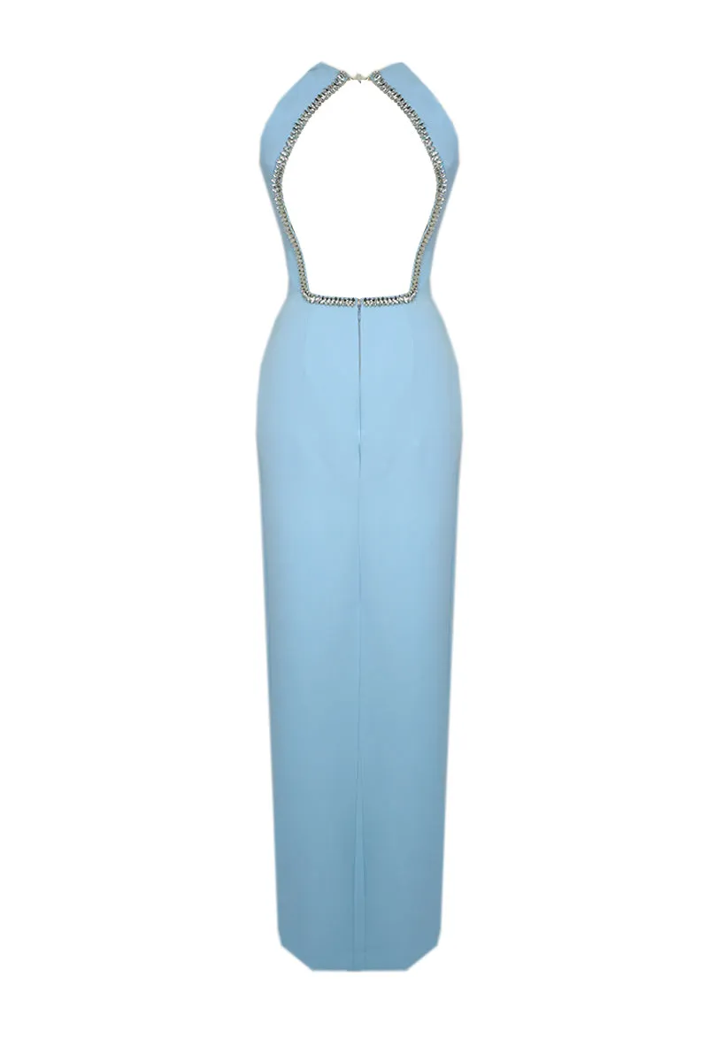 BABY BLUE ADORNED OPEN BACK MAXI DRESS