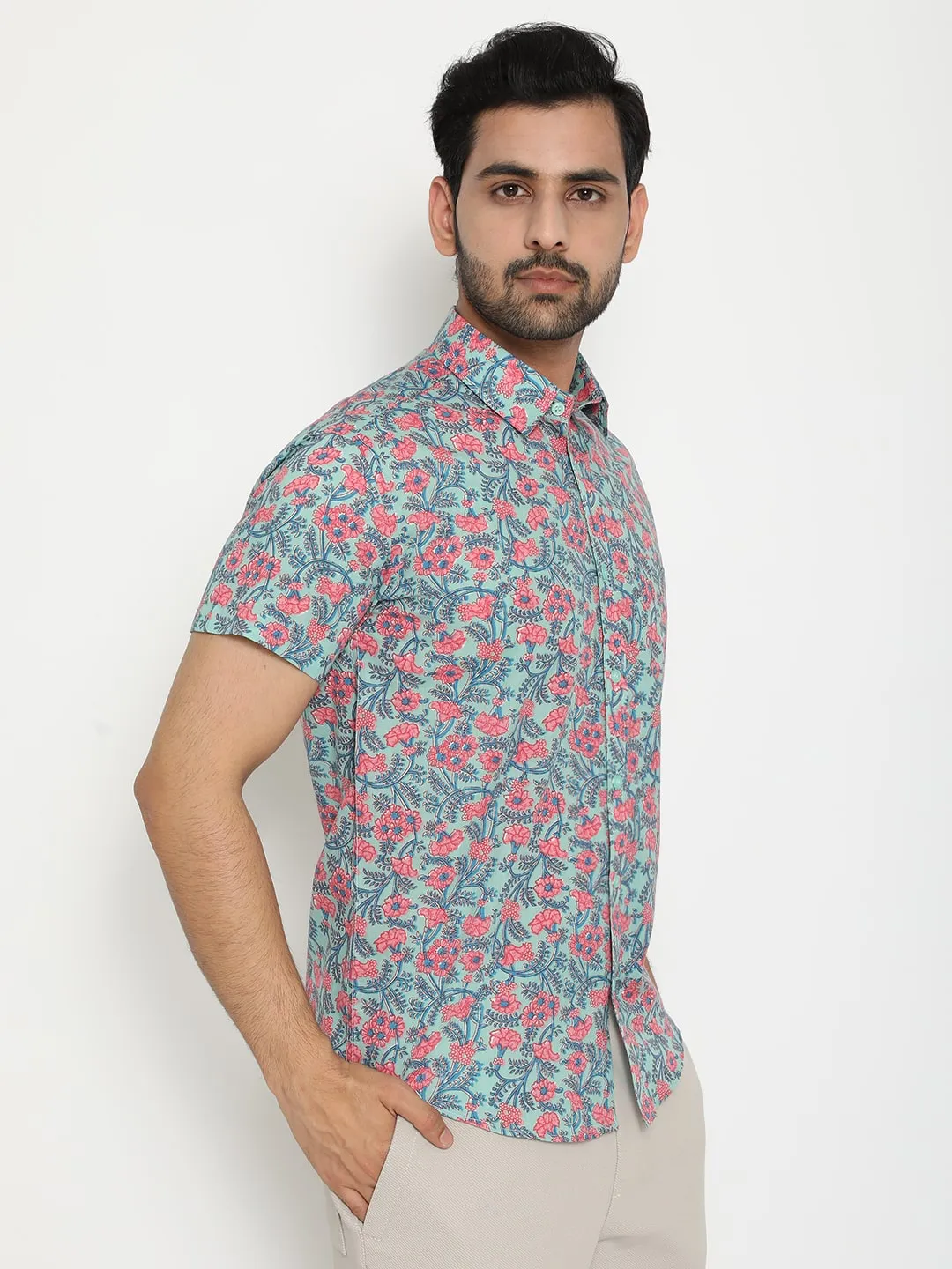 Blue Short Sleeve Cotton Slim Hand Block Printed Men’s Shirt