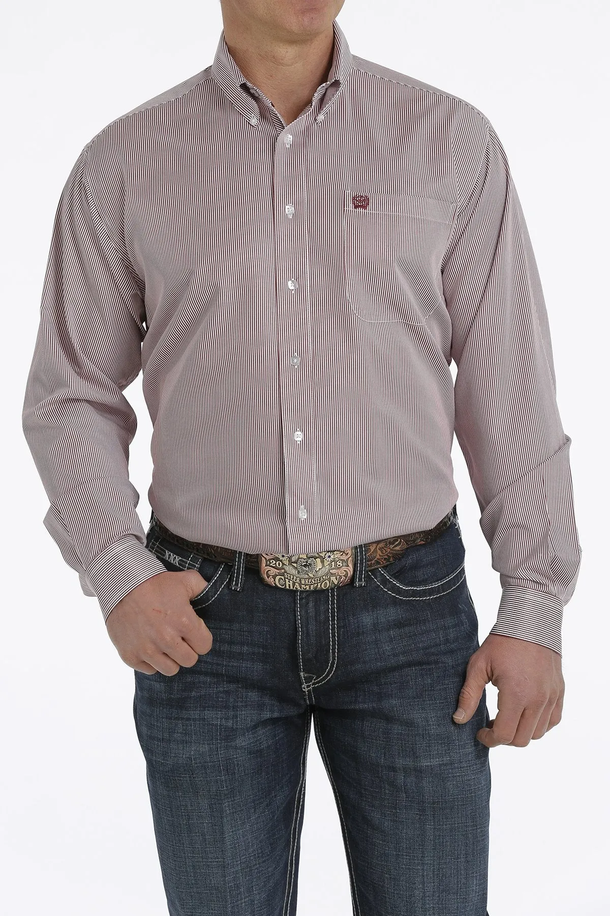 Cinch Men's Tencel Micro Stripe Button Down Western Shirt - Maroon/White