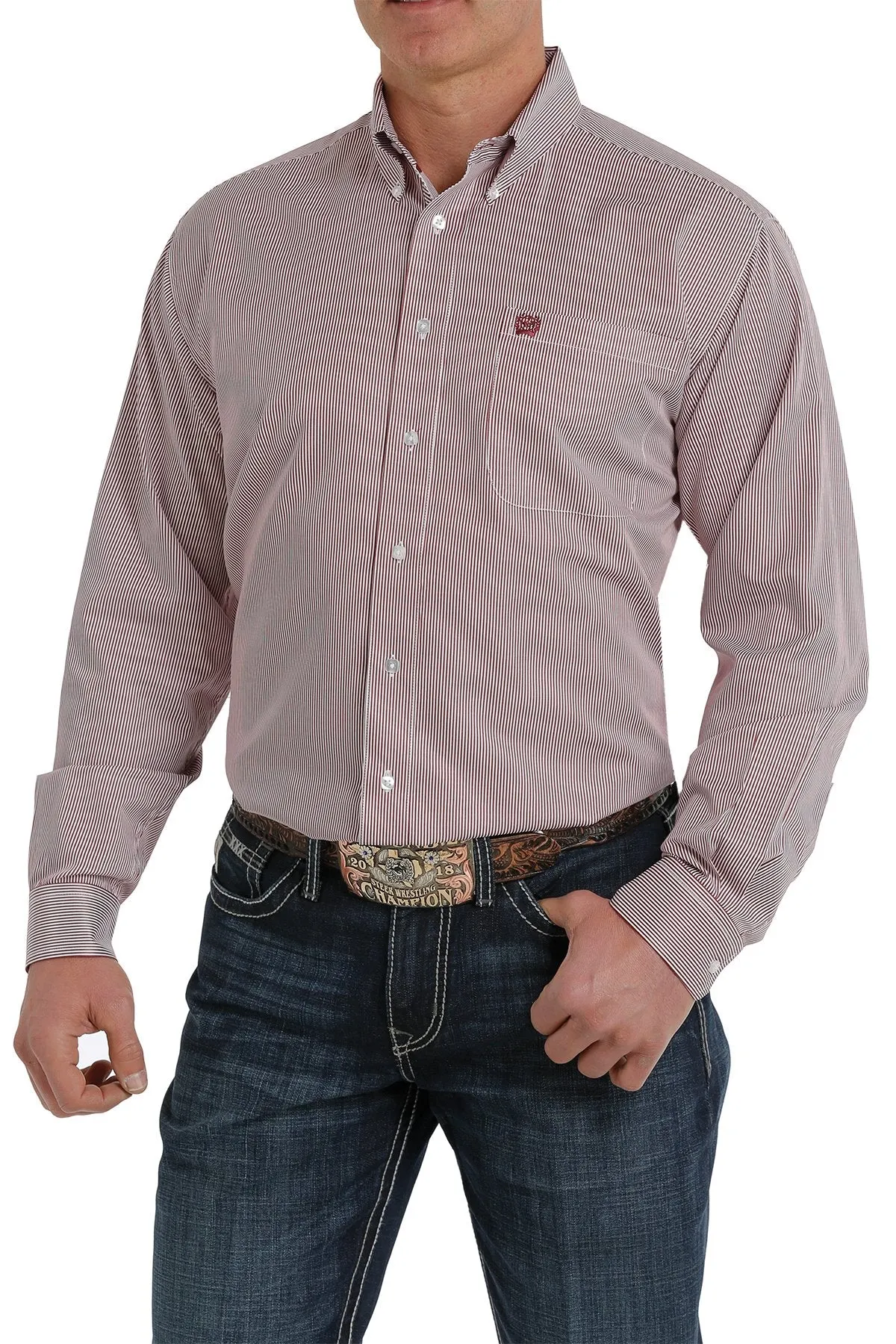 Cinch Men's Tencel Micro Stripe Button Down Western Shirt - Maroon/White