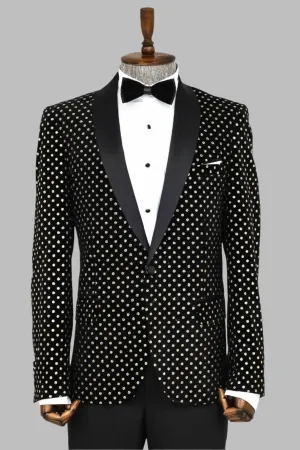 Dot Patterned Slim Fit Black Men Evening Dinner Blazer - Wessi