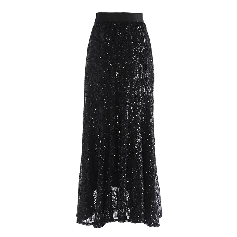 Elegant Spliced Sequins Skirts For Women High Waist Patchwork Folds Temperament Slimming Skirt Female Fashion Style