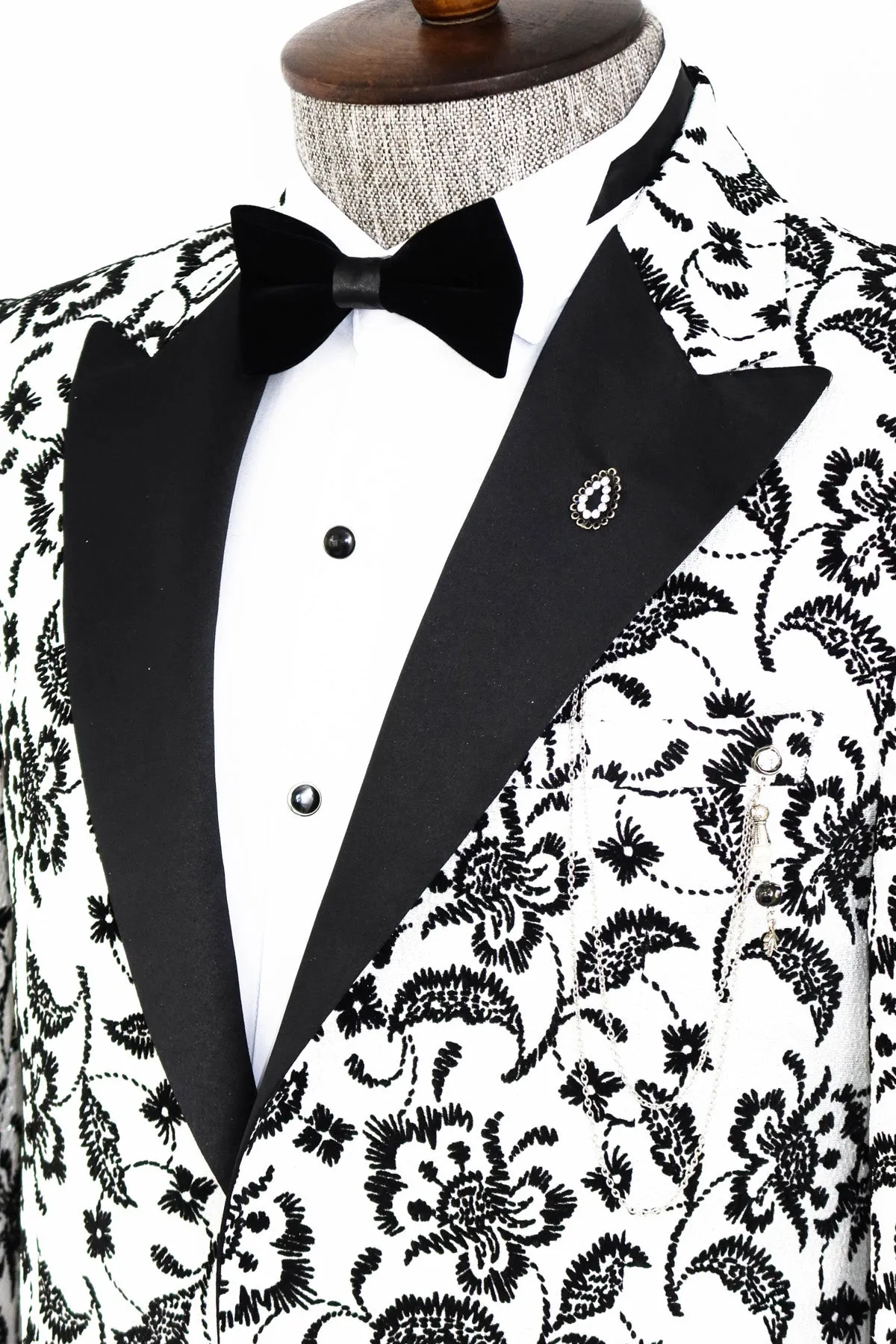 Floral Patterned Peak Lapel White Men  Wedding Tuxedo Blazer - Wessi