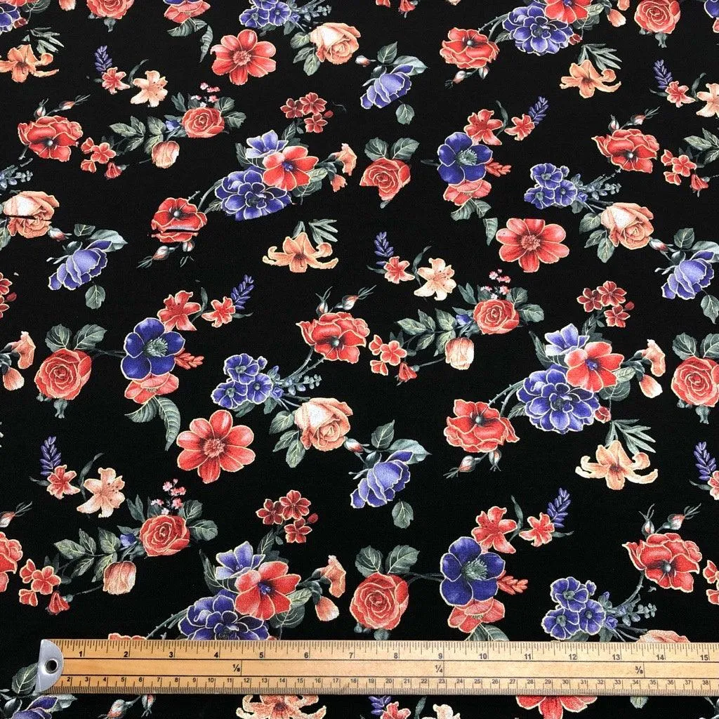 Foil Red and Blue Floral on Black Scuba Fabric