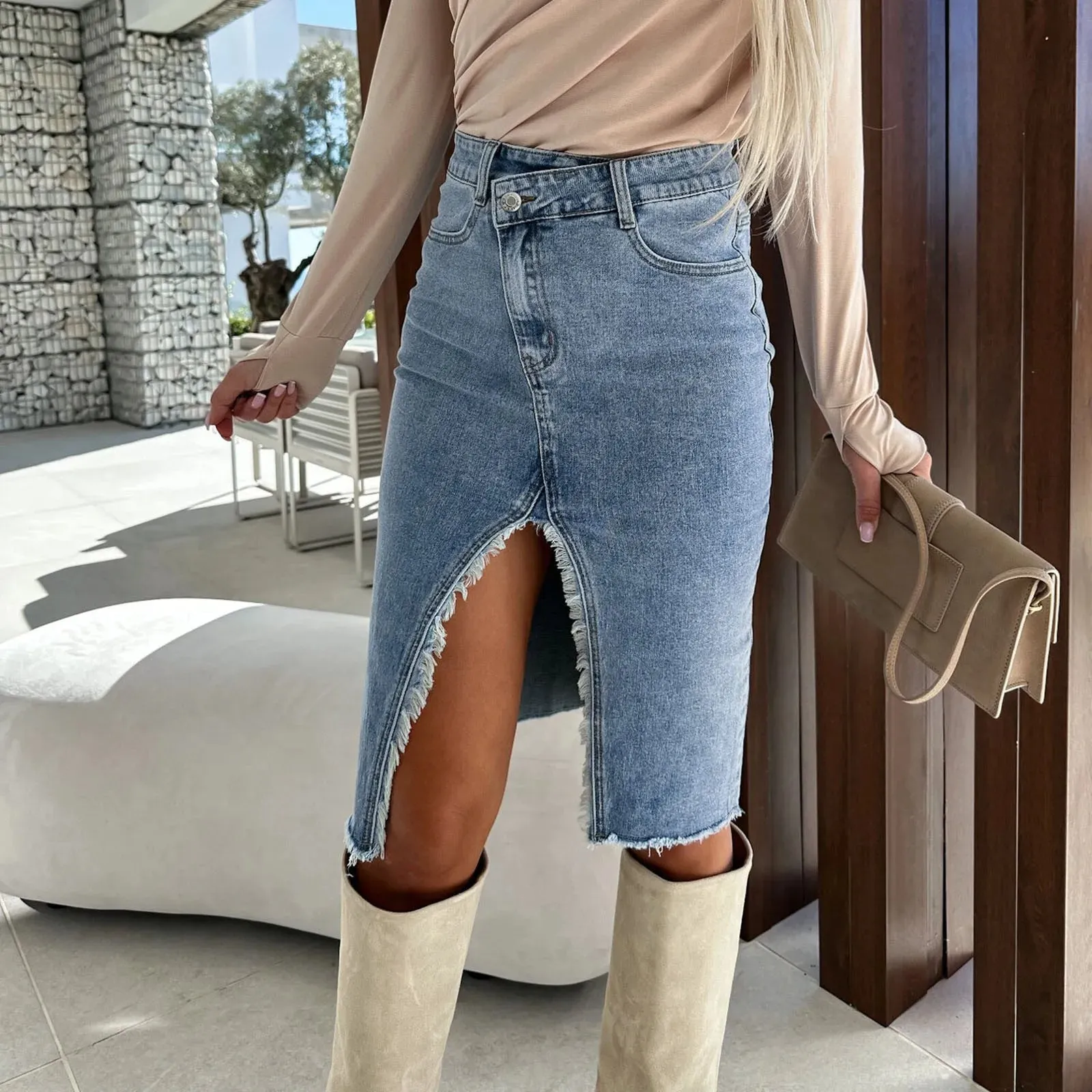 French Style High Slits Denim Light Blue Irregular Zipper Hip Package Maxi Sexy Skirt