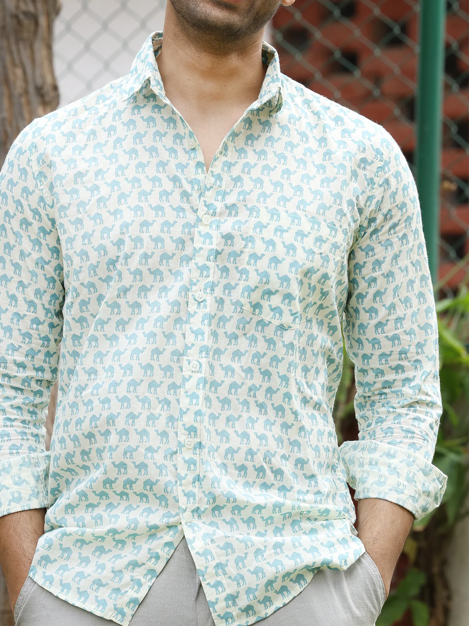 Full Sleeve Hand Block Camel Printed Mens Cotton Shirt (Light Blue)