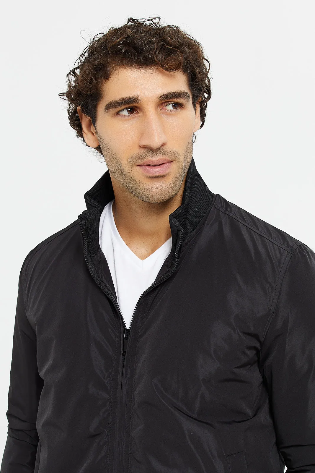 Men Black Bomber Jacket With Faux Fur Lining