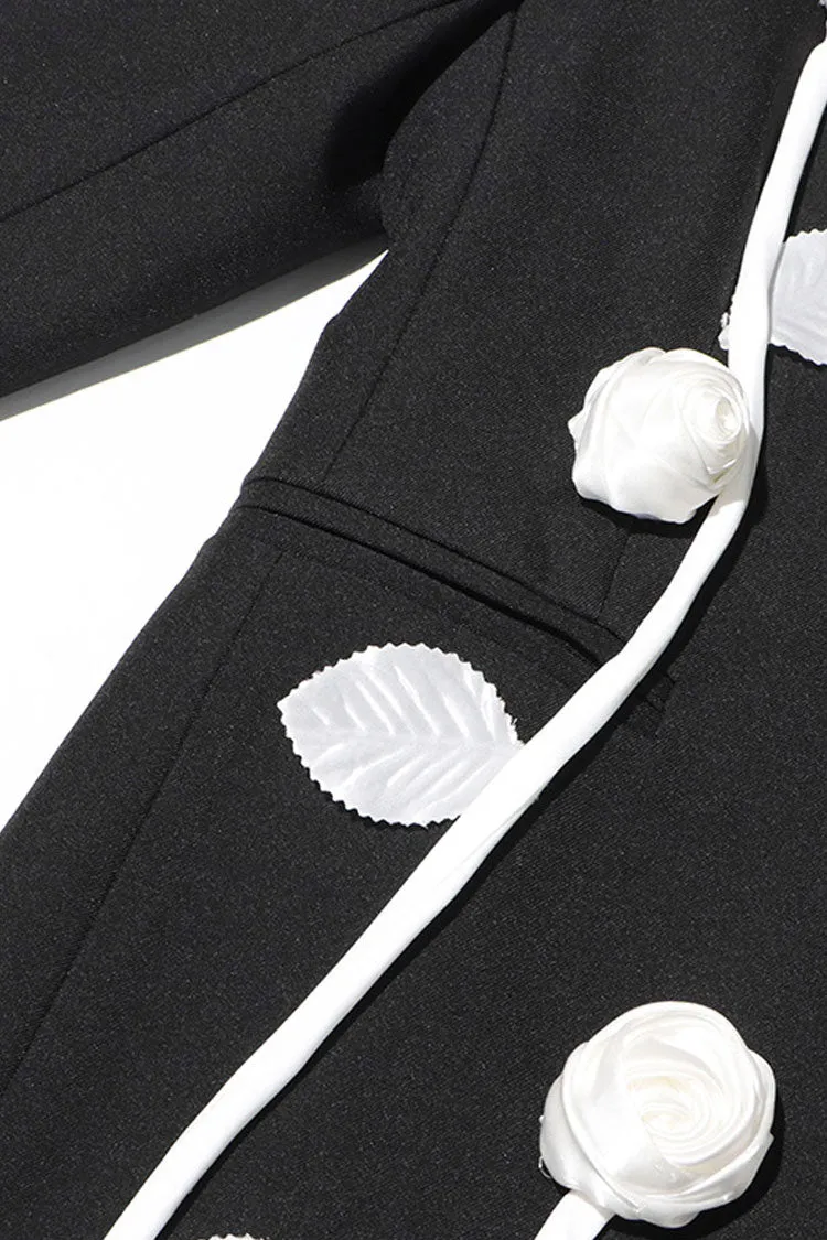 Minimalist White Rosette Lapel Collar Long Sleeve Single Breasted Boxy Blazer