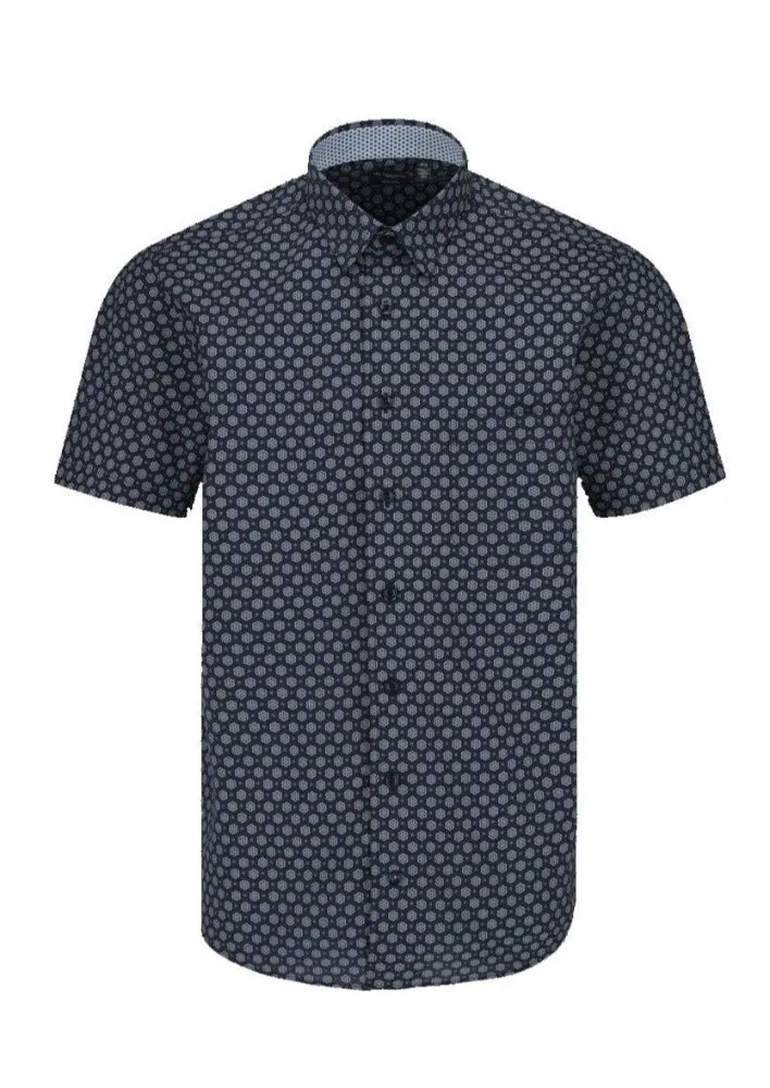 Navy Pattern Hidden Down Collar 100% Cotton Short Sleeve Shirts