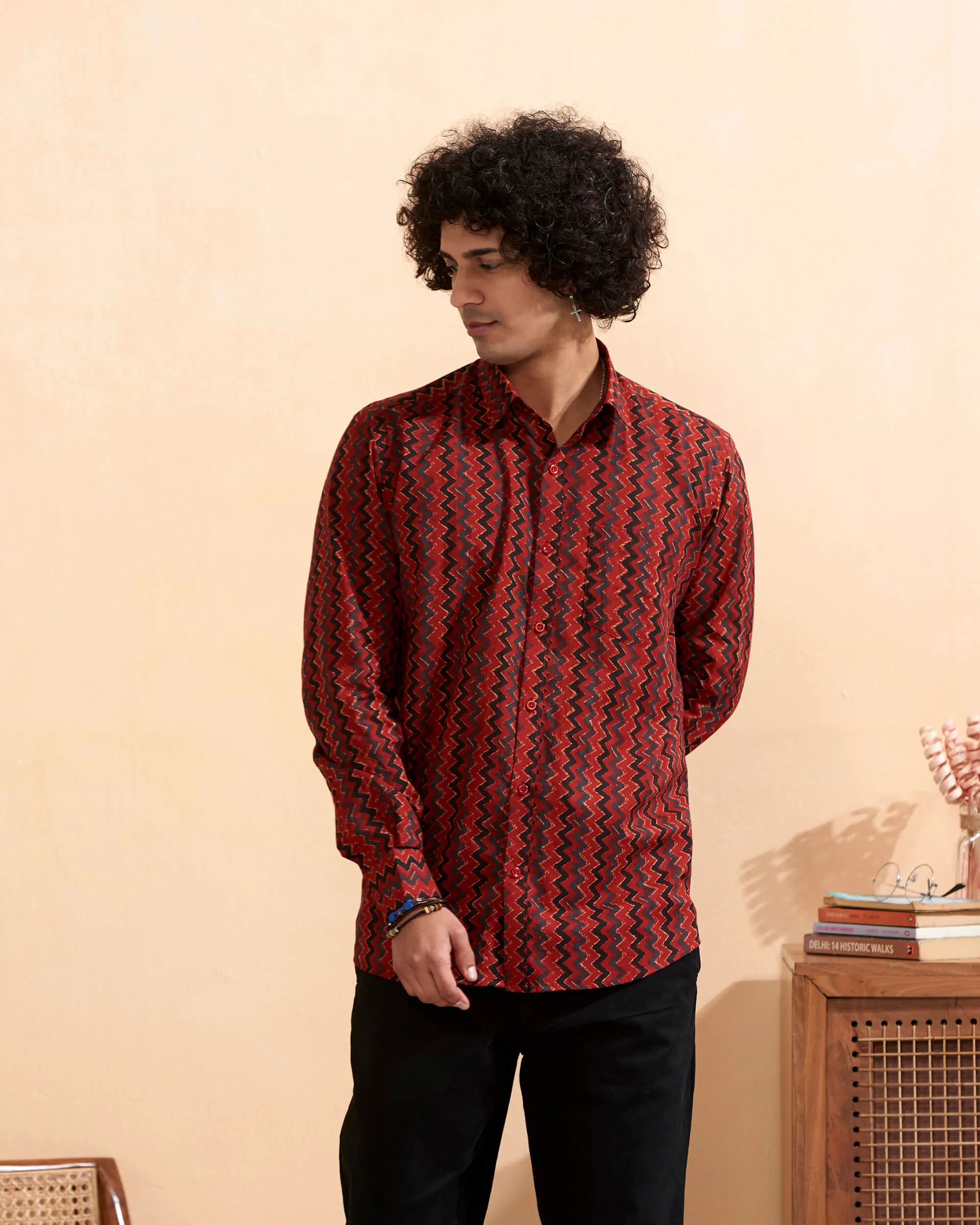 Red Full Sleeve Cotton Hand Block Printed Men's Shirt