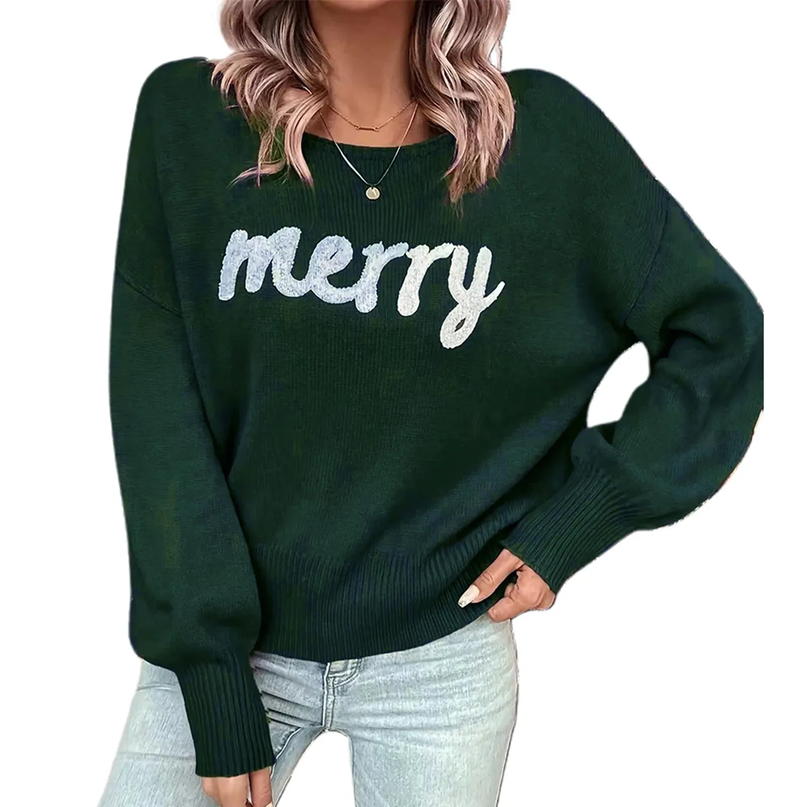 Toleet-Christmas Cute Sweaters Women Casual Letter Embroidery Comfy Warm Long Sleeve Pullover Basic Knitwear Festival Rave Streetwear