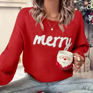 Toleet-Christmas Cute Sweaters Women Casual Letter Embroidery Comfy Warm Long Sleeve Pullover Basic Knitwear Festival Rave Streetwear