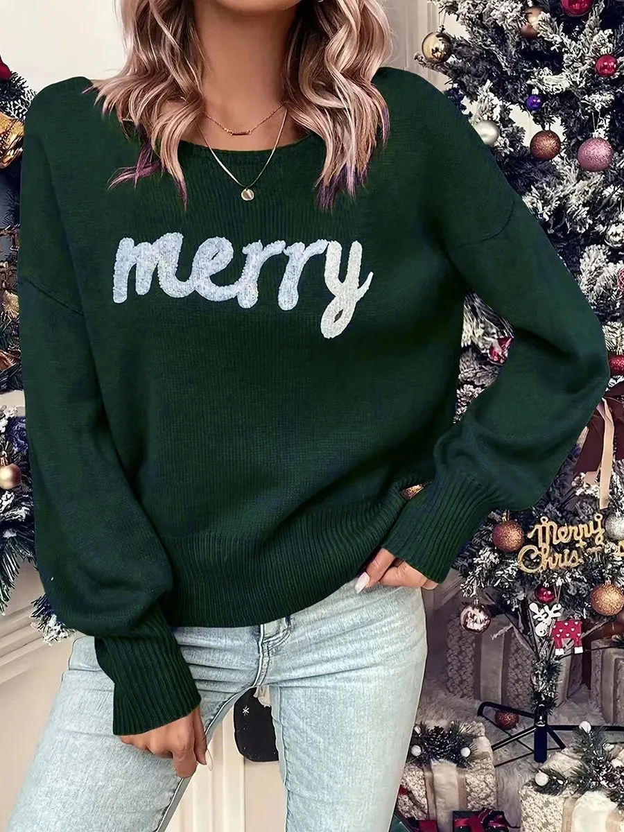 Toleet-Christmas Cute Sweaters Women Casual Letter Embroidery Comfy Warm Long Sleeve Pullover Basic Knitwear Festival Rave Streetwear