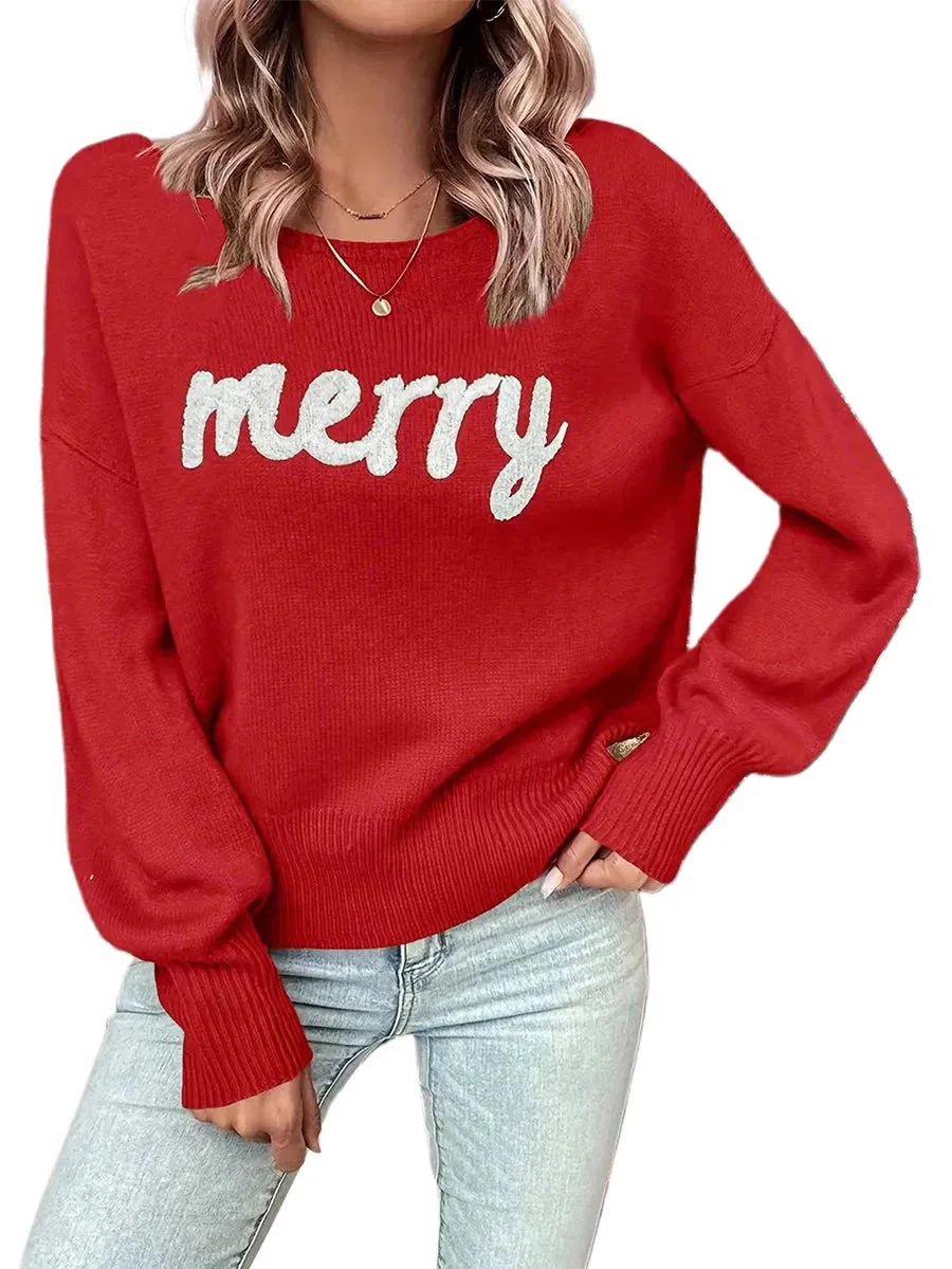 Toleet-Christmas Cute Sweaters Women Casual Letter Embroidery Comfy Warm Long Sleeve Pullover Basic Knitwear Festival Rave Streetwear