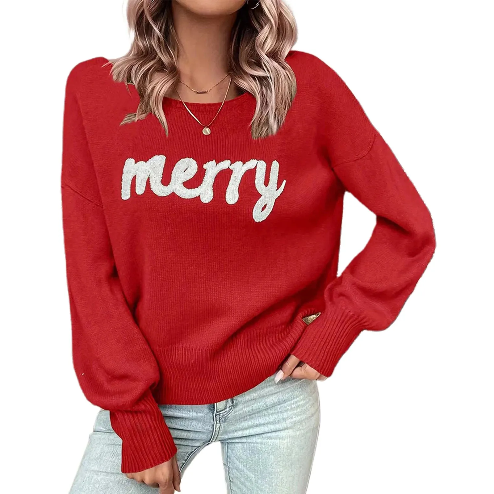 Toleet-Christmas Cute Sweaters Women Casual Letter Embroidery Comfy Warm Long Sleeve Pullover Basic Knitwear Festival Rave Streetwear