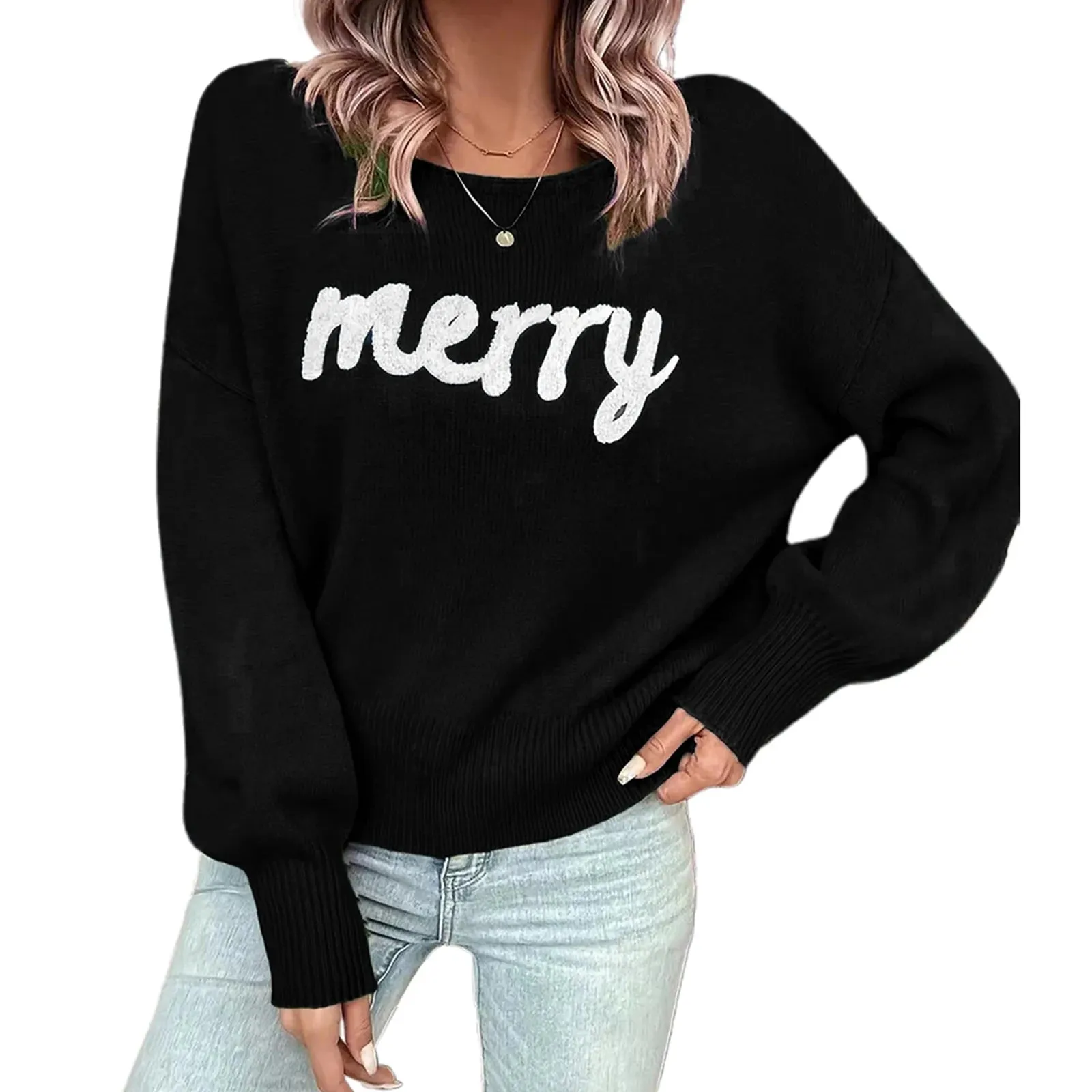 Toleet-Christmas Cute Sweaters Women Casual Letter Embroidery Comfy Warm Long Sleeve Pullover Basic Knitwear Festival Rave Streetwear