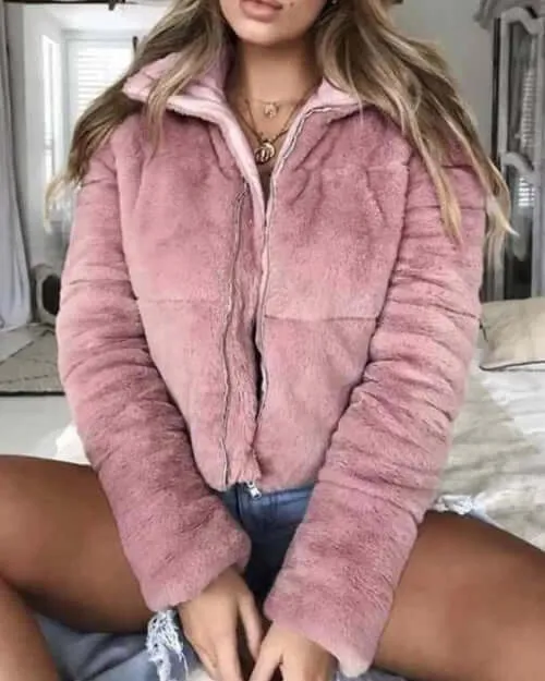 Turndown collar faux fur jackets Women long sleeve zipper