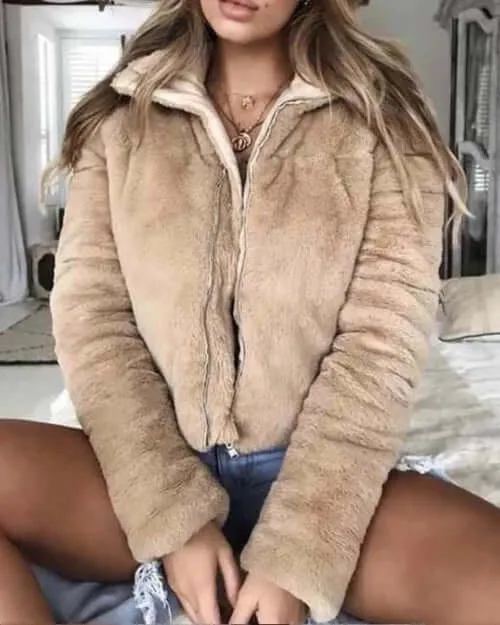 Turndown collar faux fur jackets Women long sleeve zipper