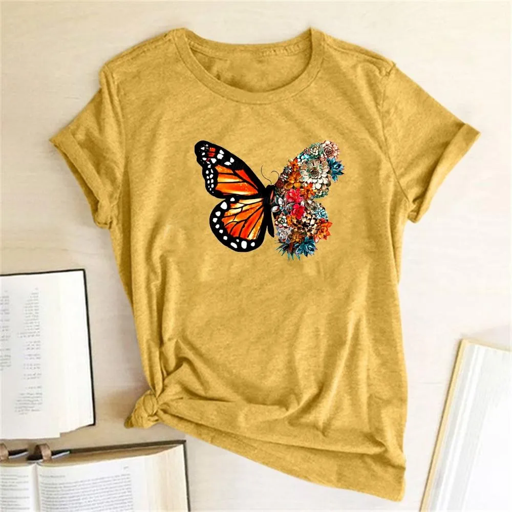 Women Butterfly Flowers Print Design T-Shirts