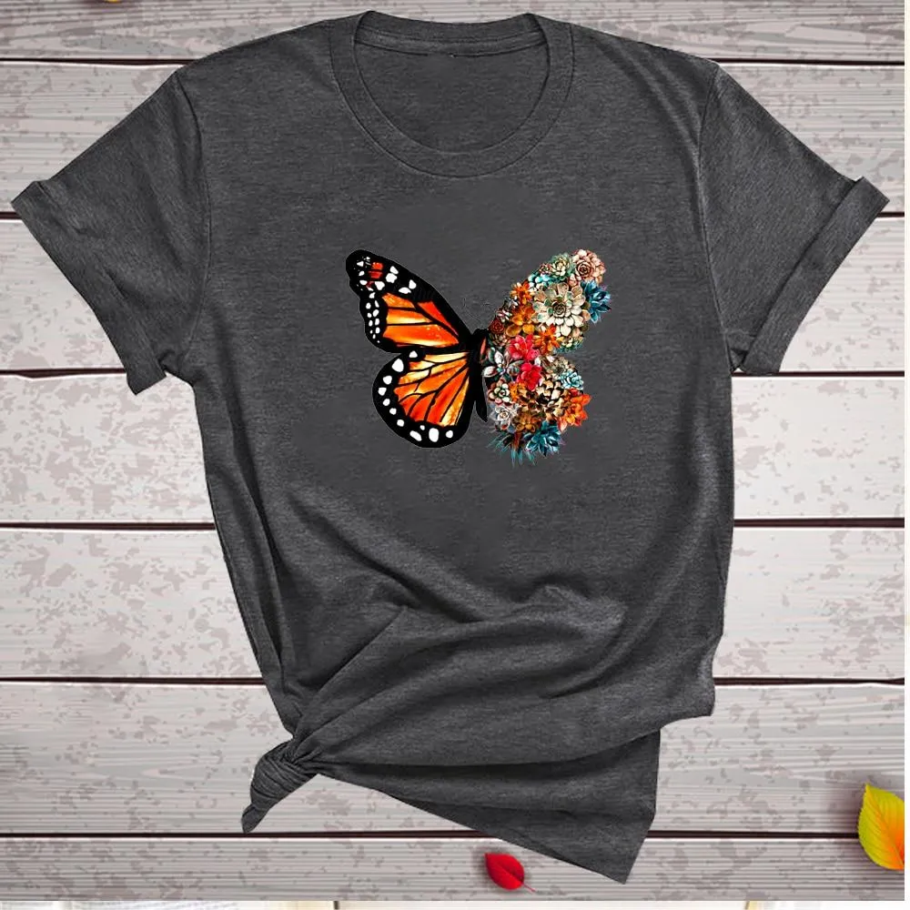 Women Butterfly Flowers Print Design T-Shirts