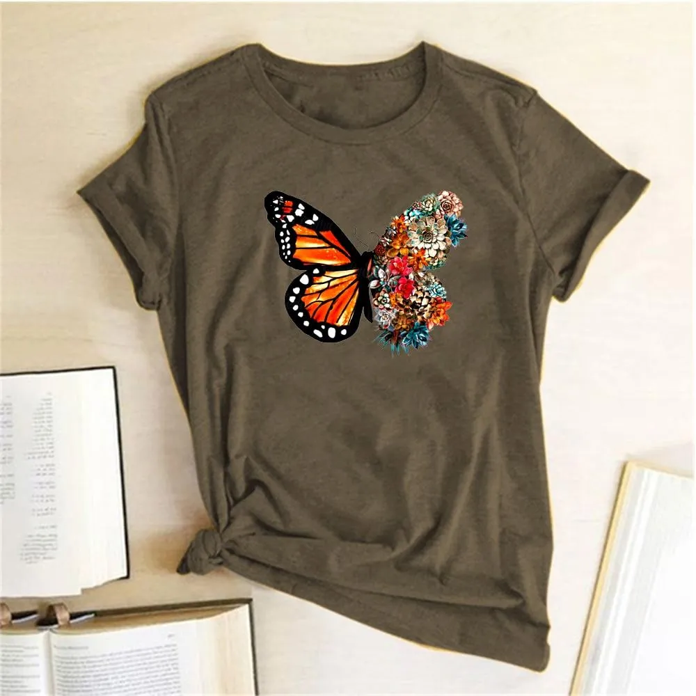 Women Butterfly Flowers Print Design T-Shirts