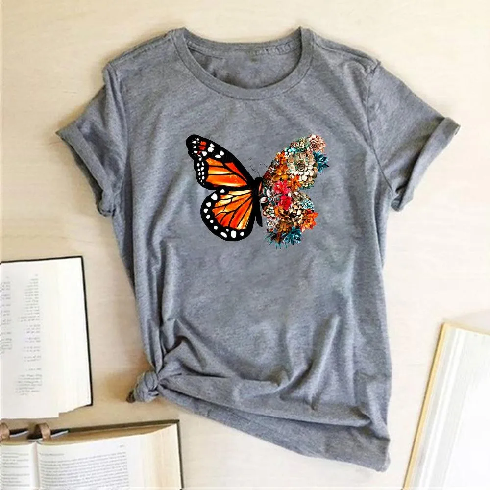 Women Butterfly Flowers Print Design T-Shirts